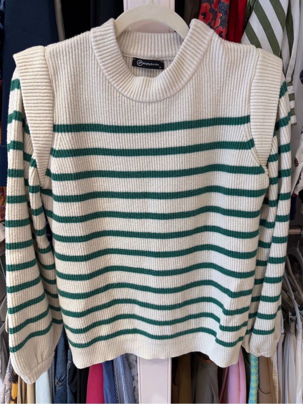 Women's Cream & Green Striped Ribbed Sweater